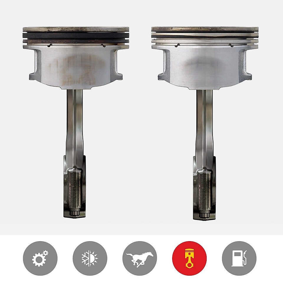 脏污的活塞与洁净的活塞对比图片,展现了亚盈超凡喜力产品一流的活塞清洁性